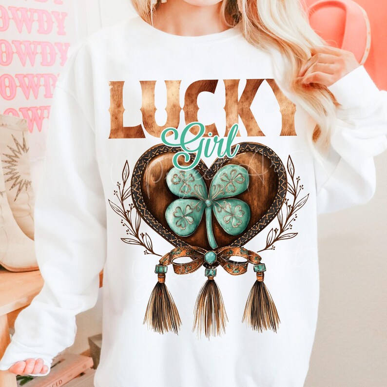 T-Shirt Sweatshirt Hoodie Lucky Girl Western Turquoise & Leather Design Crewneck