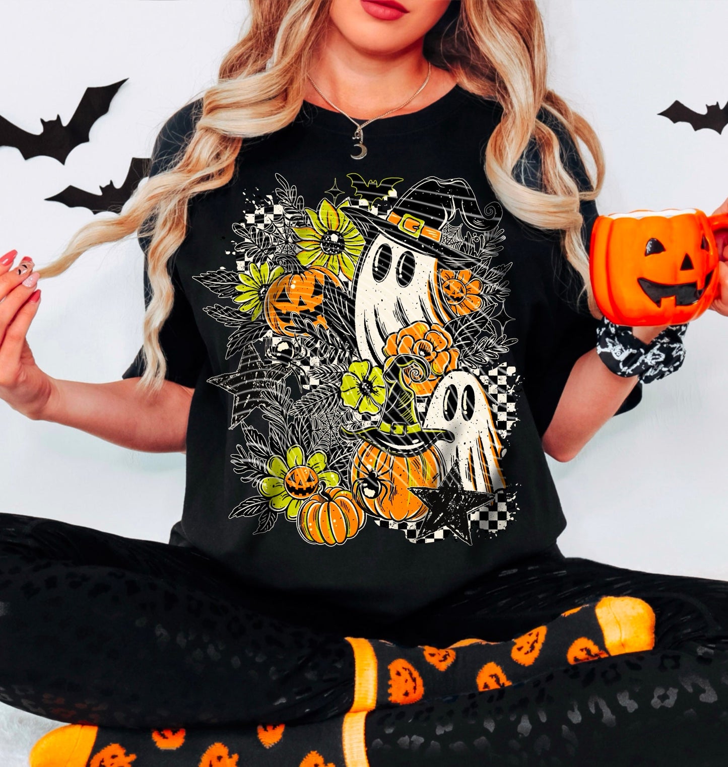 Sweatshirt Hoody Floral Ghosts with Pumpkins & Witch Hats
