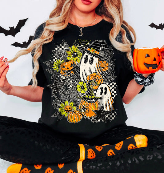 Sweatshirt Hoody Floral Ghosts with Pumpkins & Witch Hats