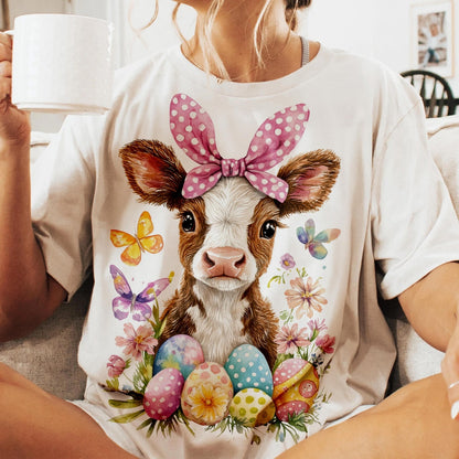 T-Shirt Sweatshirt Hoodie  Easter Cow with Bow Spring Floral Farm Design Crewneck