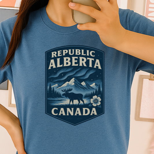 T-Shirt  Or Hoodie  Sovereign Alberta – Western Prairie Badge with Mountains, Cow & Oil Rig #4