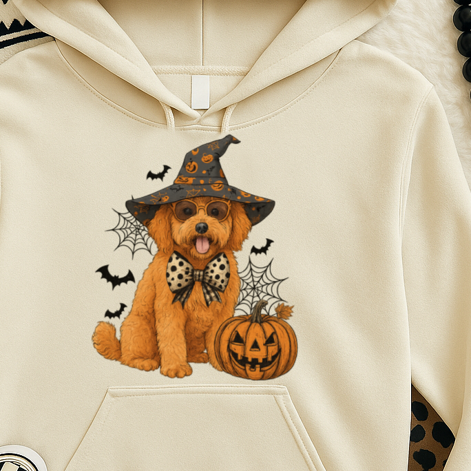 T-Shirt Crewneck Hoody – Halloween Pup in Witch Hat (Pumpkins & Bats Edition)
