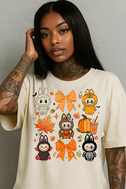 Woman wearing a cream-colored t-shirt with colorful graphics against a gray background