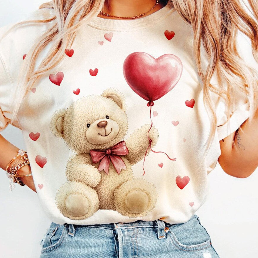 T-Shirt Tee Sweatshirt Crew Hoodie- Valentine Teddy Bear with Heart Balloon