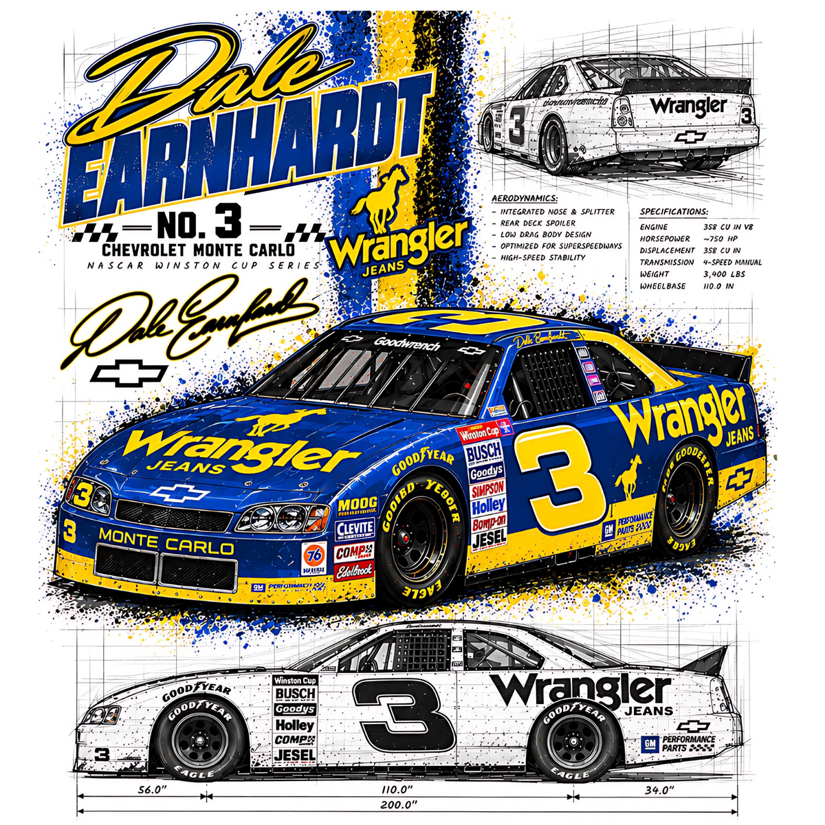 Dale Earnhardtt No. 3 Blue and Yellow Blueprint halftone DTF transfer artwork for white garments only