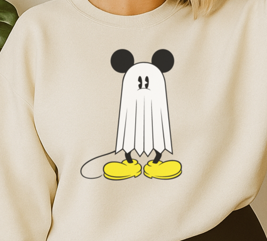 DTF Transfer Ghost Mouse – Cute Halloween Cartoon Print