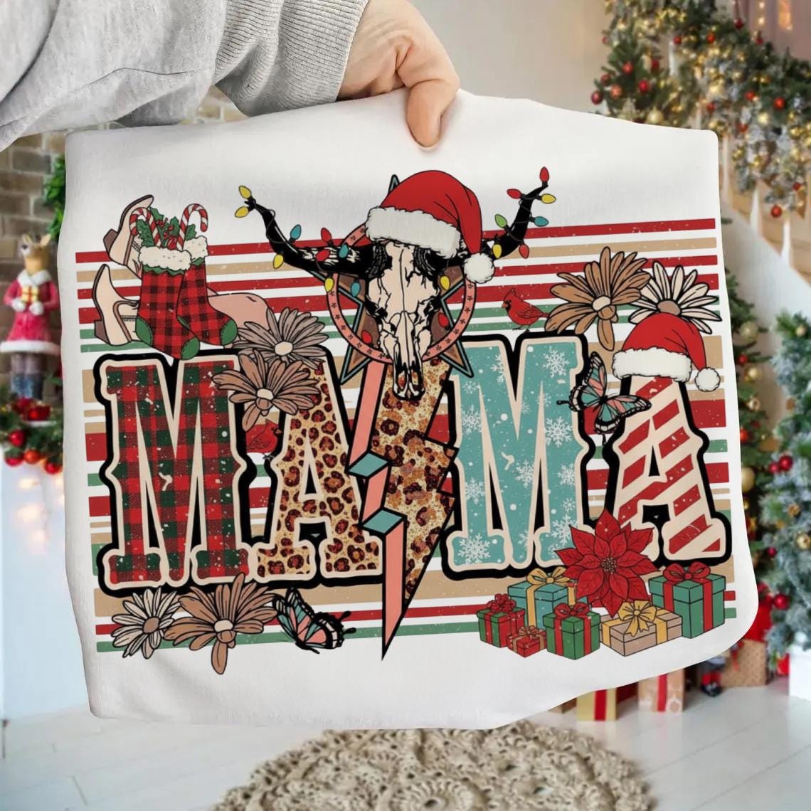 Sweatshirt  Western Christmas Mama Cow Skull, Boots & Santa Hat