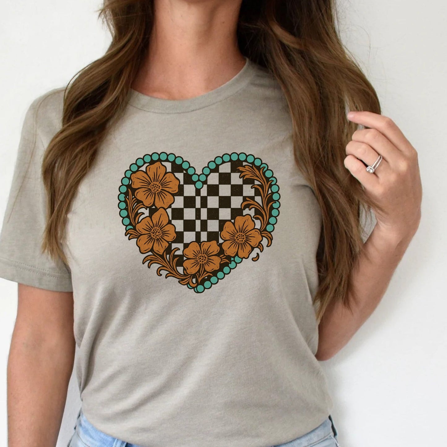 T-Shirt Sweatshirt Crewneck Checkerboard Western Heart – Turquoise Floral Retro Country Style