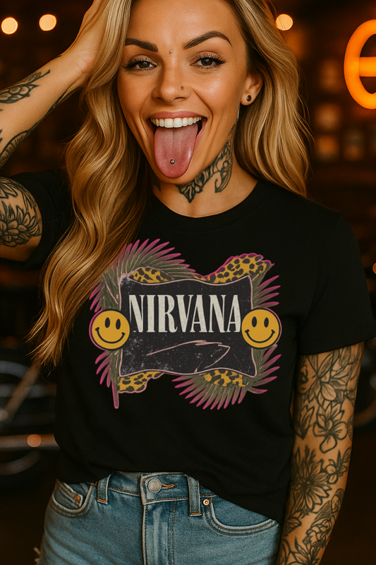 DTF Transfer Nirvana Smiley – Leopard Print Grunge Rock Graphic Design