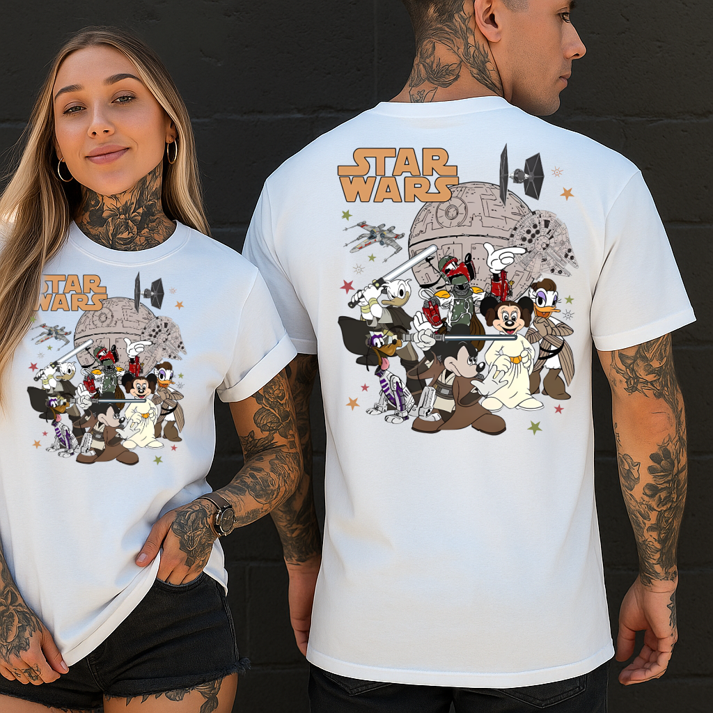 DTF Transfer Dis Starr Wars Tee – Mick, Min, Donald & Friends Galactic Mashup
