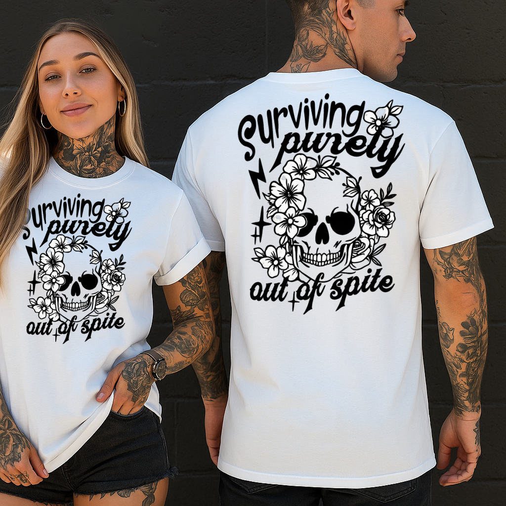 Surviving Purely Out of Spite – Skull & Floral Graphic T-Shirt