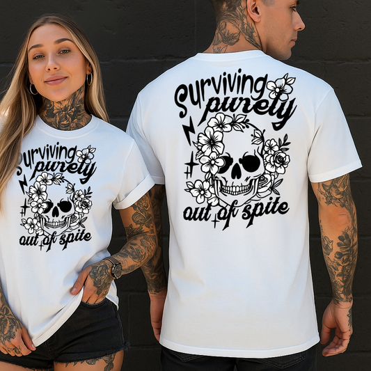 Surviving Purely Out of Spite – Skull & Floral Graphic T-Shirt