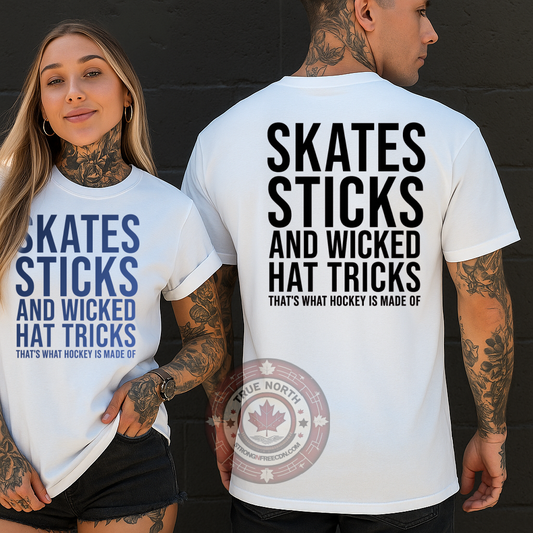 DTF Transfer – Skates Sticks and Wicked Hat Tricks Hockey Design