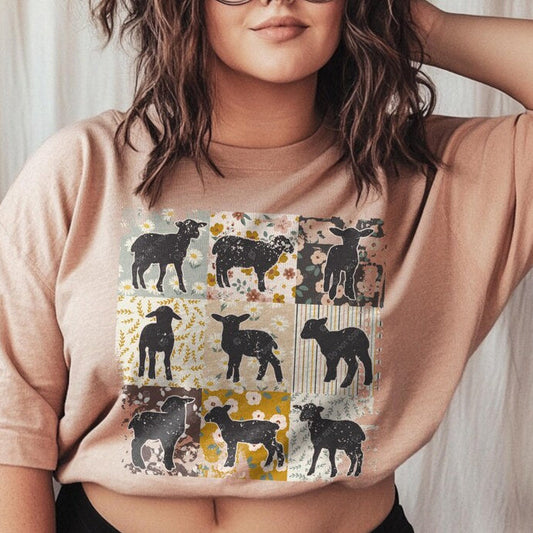 T-Shirt Sweatshirt Crew Lamb Quilt - Farmhouse Patchwork Design