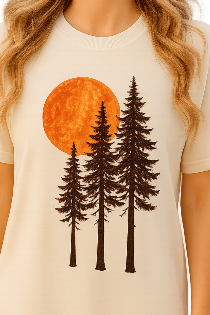 A close-up of a t-shirt with a screen print transfer of a forest silhouette with trees and a sunset in orange.