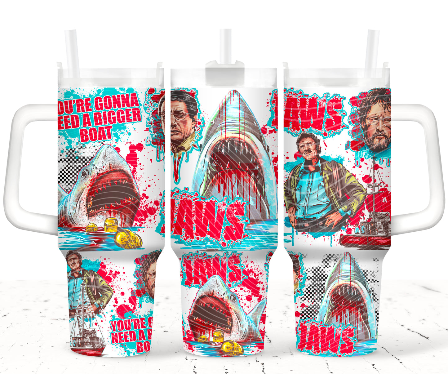UV-DTF Cup Wrap – Jawss Inspired Shark Attack Design with “You’re Gonna Need a Bigger Boat”
