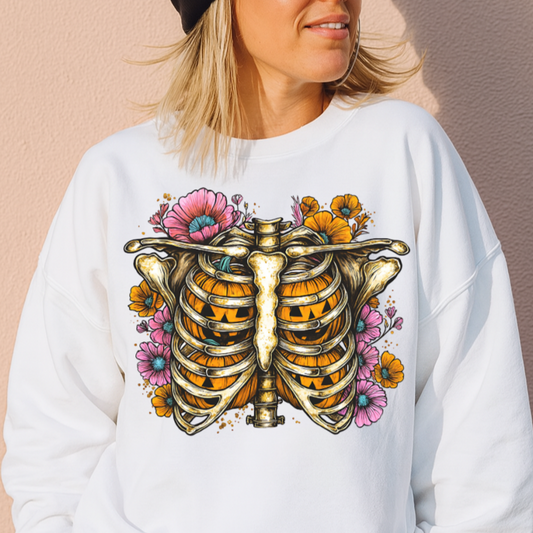 Crewneck Hoody  Pumpkin Ribcage with Flowers – Halloween Fall Skeleton