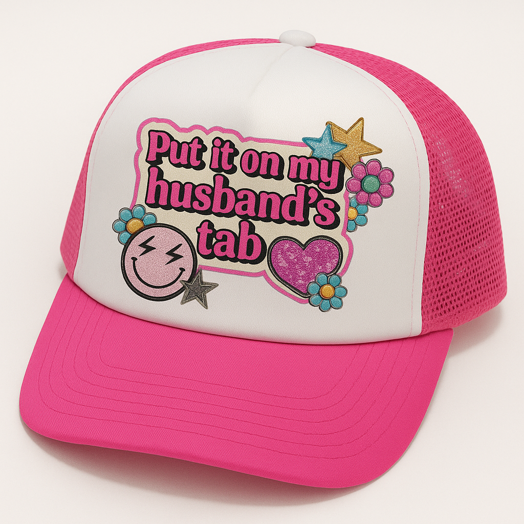 Put It On My Husband’s Tab Trucker Hat – Hot Pink Retro Girly Cap