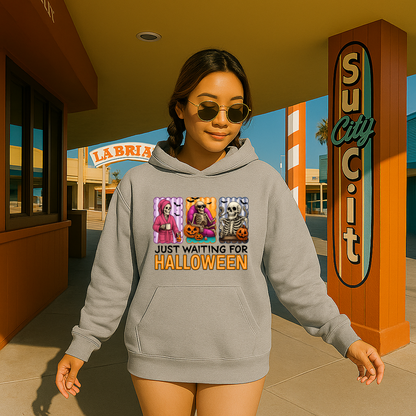 DTF Transfer Just Waiting for Halloween – Cute Skeletons Hoodie Design