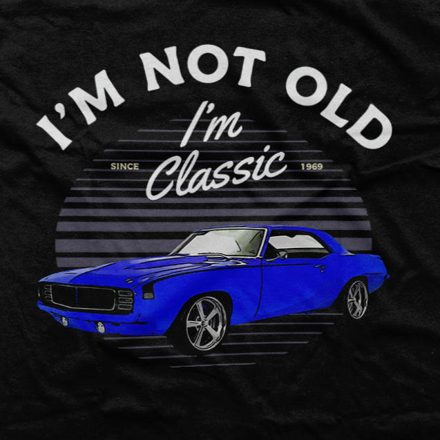 DTF Transfer Gear Heads - "I'm Not Old, I'm Classic" Blue Vintage Car Design 1969