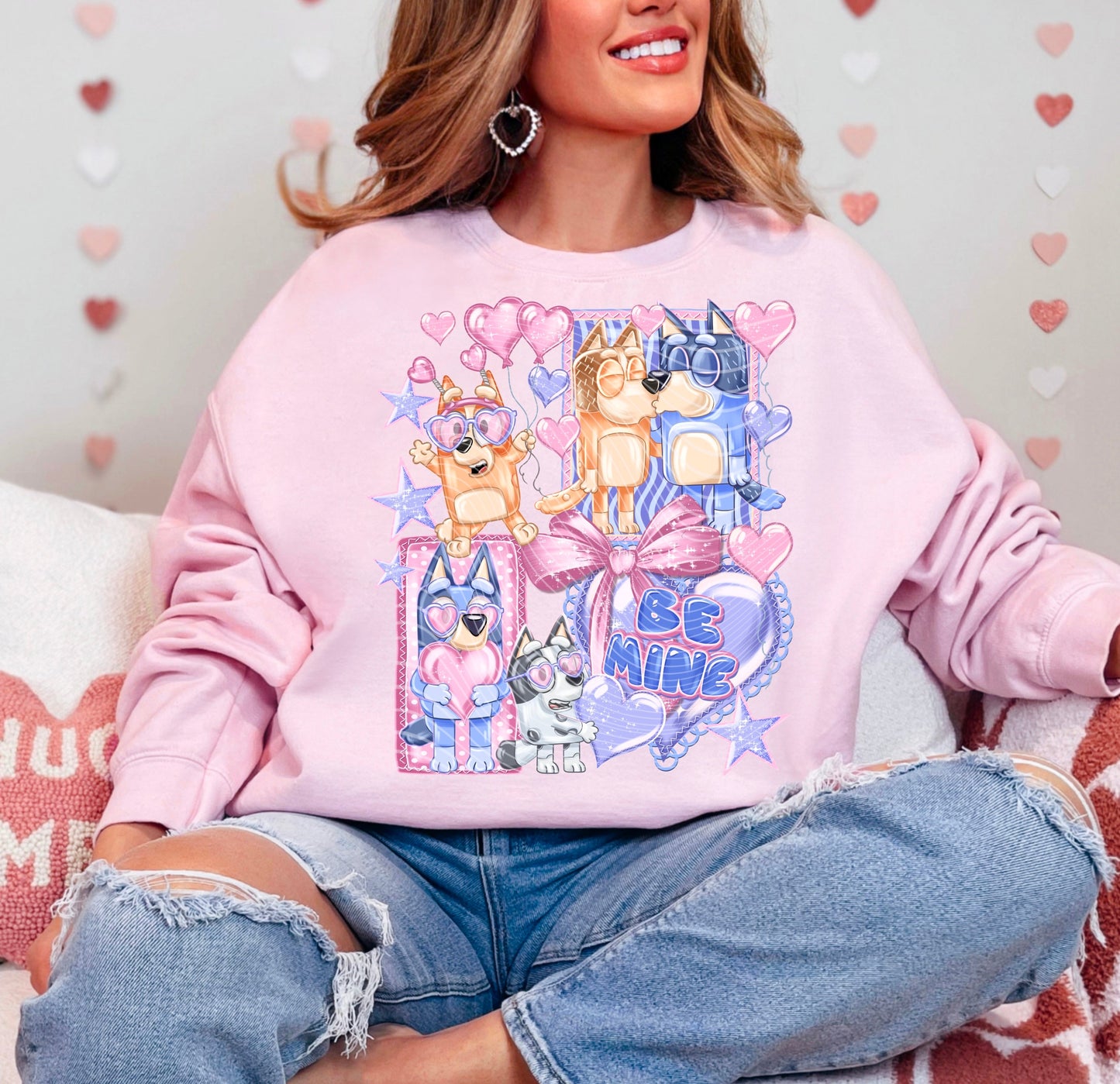 Sweatshirt T-Shirt Crewneck Valentines - Be Mine Cute Colorful Pups Hearts Bows