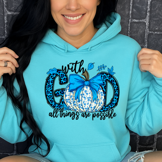 T-Shirt Hoody With God All Things Are Possible – Blue Gingham Pumpkin & Leopard Print Faith Graphic