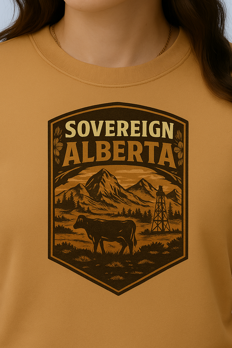 T-Shirt  Or Hoodie  Sovereign Alberta – Western Prairie Badge with Mountains, Cow & Oil Rig