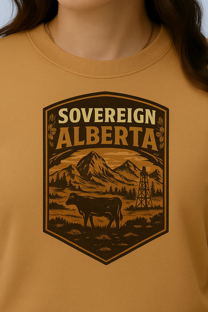 T-Shirt  Or Hoodie  Sovereign Alberta – Western Prairie Badge with Mountains, Cow & Oil Rig