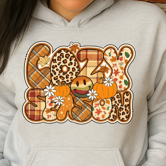 DTF Transfer Cozy Season – Fall Patchwork with Leopard, Plaid, Pumpkins & Smiley Face