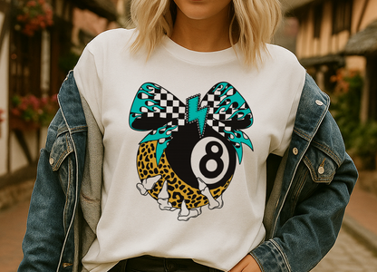 T-Shirt Crewneck Hoody – Retro 8 Ball Bow with Leopard, Checkered & Lightning Bolt