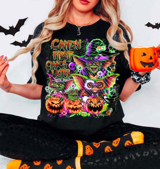 Crewneck Hoody T-Shirt  Candy First Chaos Later Gremlinss Halloween Shirt