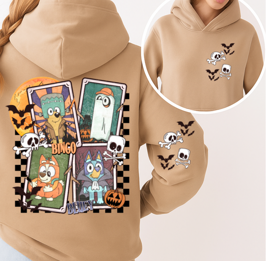 Beige hoodie with Halloween-themed designs on the back and sleeves