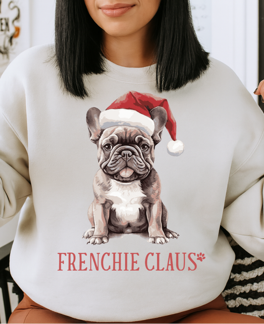 DTF Transfer Frenchie Claus Christmas Sweatshirt – Festive Bulldog in Santa Hat
