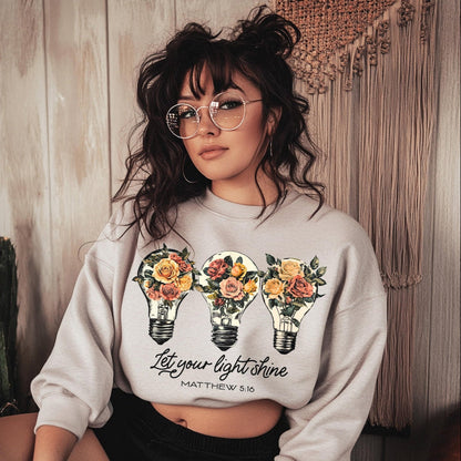 T-Shirt Sweatshirt Crewneck Let Your Light Shine – Floral Light Bulbs with Matthew 5:16 Bible Verse