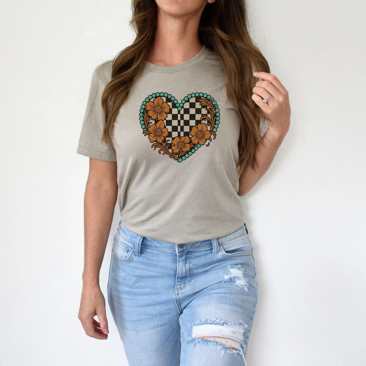 T-Shirt Sweatshirt Crewneck Checkerboard Western Heart – Turquoise Floral Retro Country Style