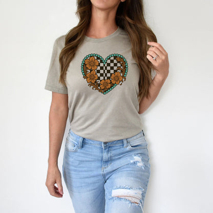 T-Shirt Sweatshirt Crewneck Checkerboard Western Heart – Turquoise Floral Retro Country Style