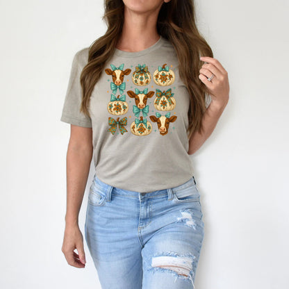 T-Shirt Sweatshirt Crewneck Fall Cow & Pumpkin Grid – Teal Bows, Floral Pumpkins & Farm Charm