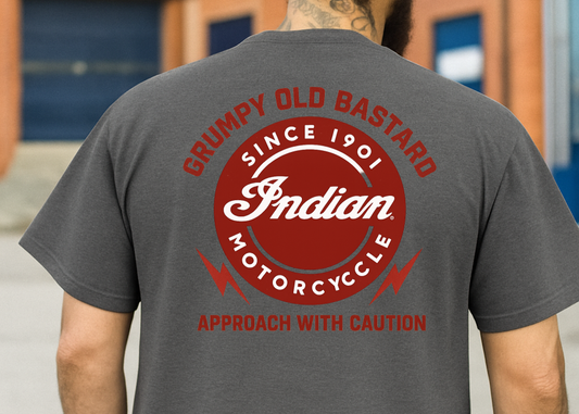 Person wearing a gray t-shirt with Indian Motorcycle logo on the back