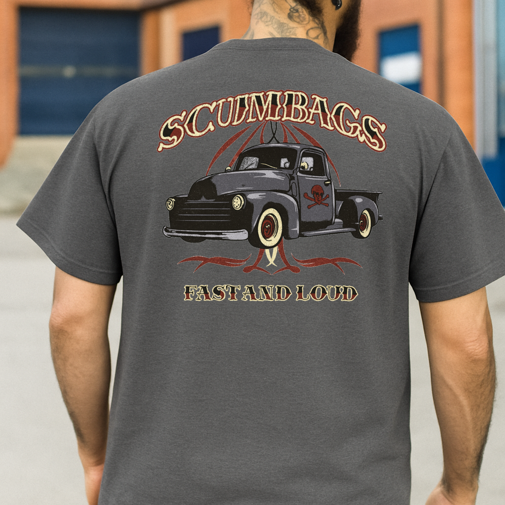 DTF Transfer Scumbags Fast and Loud – Vintage Rat Rod Truck with Skull