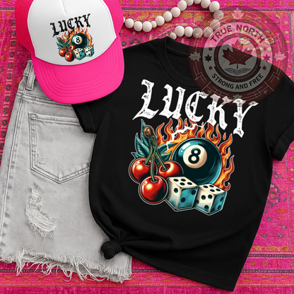 T-Shirt Or Hoodie Lucky 8 Ball with Flames, Cherries & Dice – Vintage Tattoo Style Design