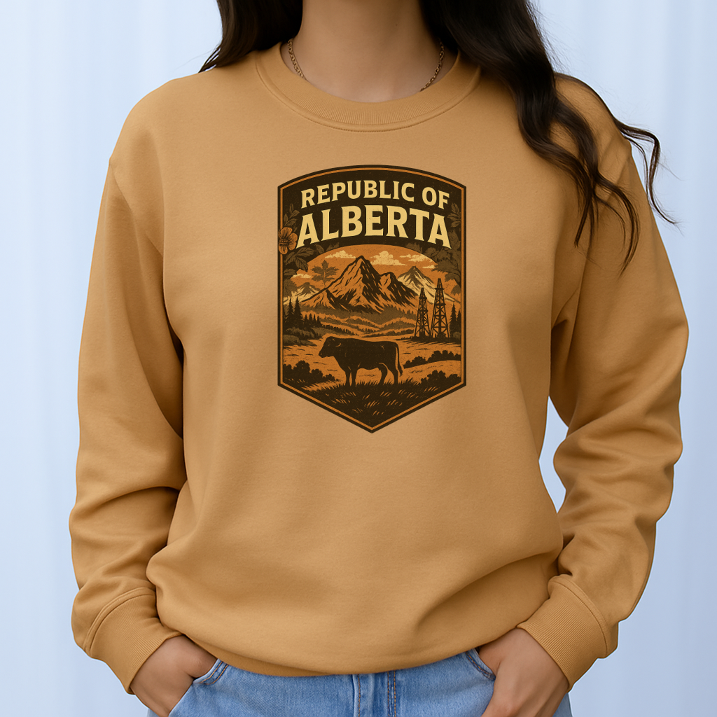 T-Shirt  Or Hoodie  Sovereign Alberta – Western Prairie Badge with Mountains, Cow & Oil Rig  #3