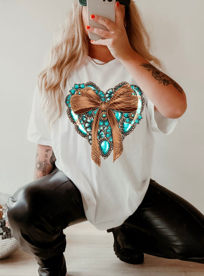 Sweatshirt T-Shirt Crewneck BOHO - Western Turquoise Heart Bows Sleeve Print Offered