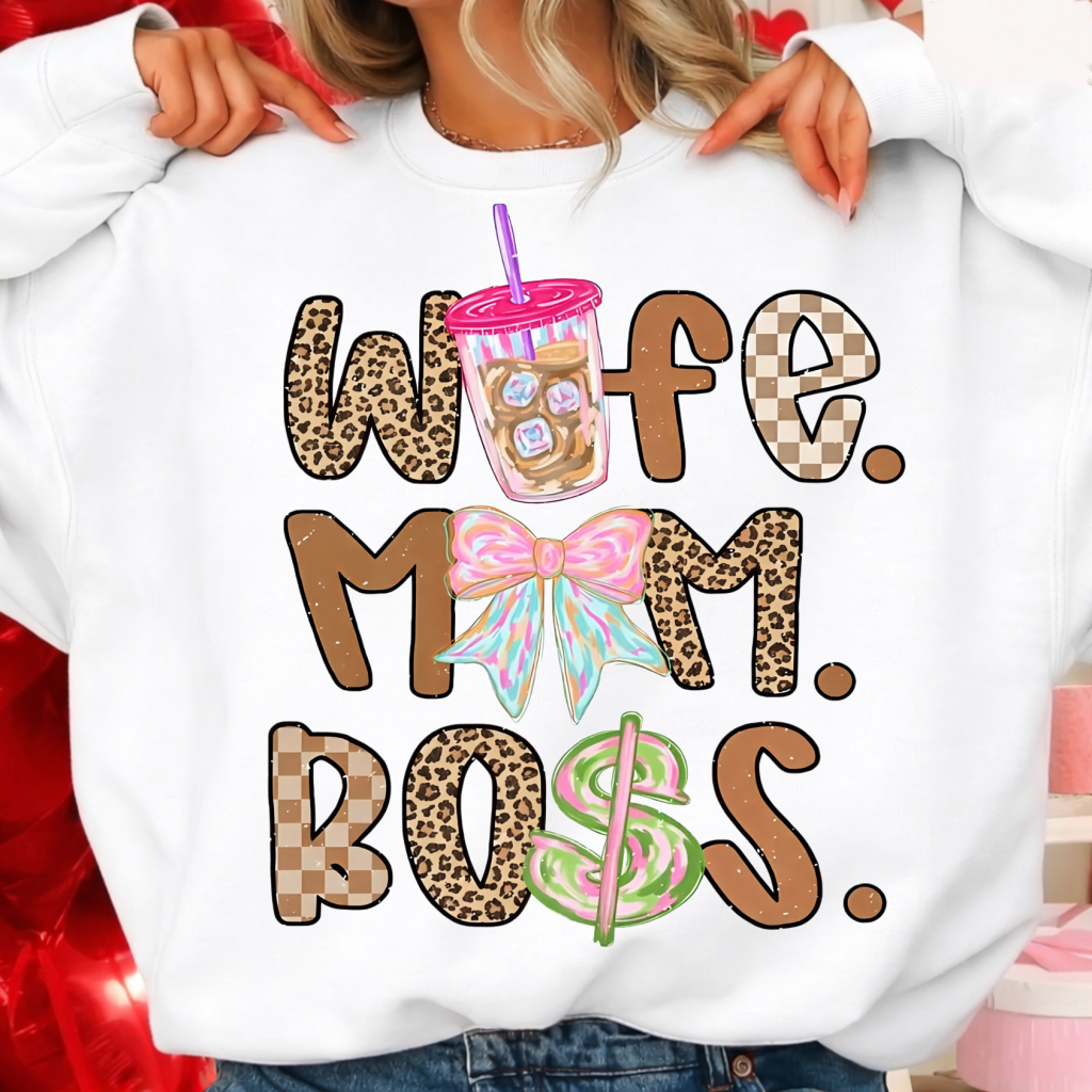 DTF Transfer Wife Mom Boss Leopard Checkered Coquette Bow Iced Coffee Design