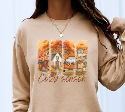 T-Shirt Crewneck Hoody – Cozy Season Fall Scene with Cottage, Pumpkins & Autumn Trees