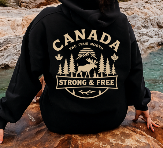T-Shirt Crewneck Hoody Canada Strong & Free – Moose, Trees & Mountain Design