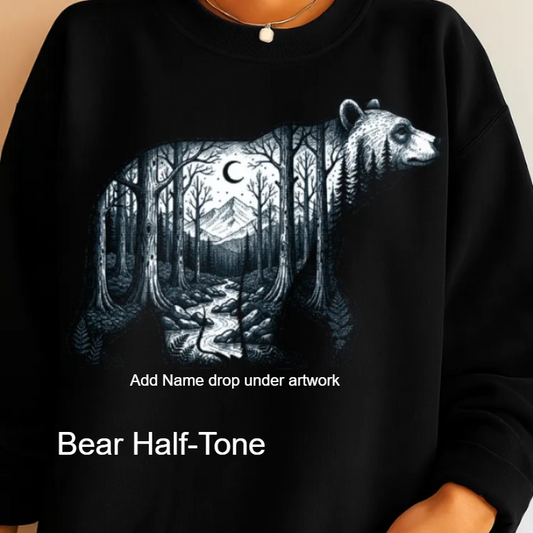 A black and white illustration of a bear in a forest setting, with a mountain range in the background.