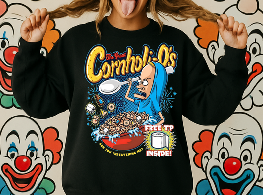 Person wearing a black sweatshirt with a colorful graphic design in front of a clown-themed background