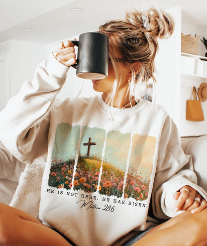 T-Shirt Crewneck Easter He Has Risen Cross Matthew 28:6 Floral Christian Design