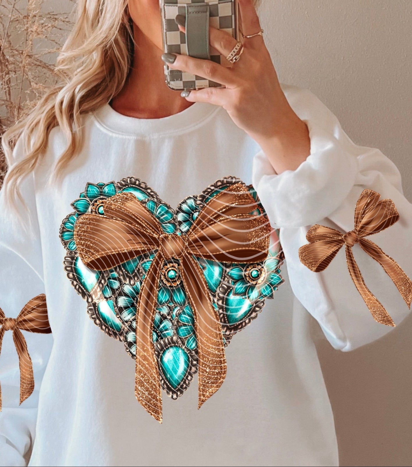 Sweatshirt T-Shirt Crewneck BOHO - Western Turquoise Heart Bows Sleeve Print Offered