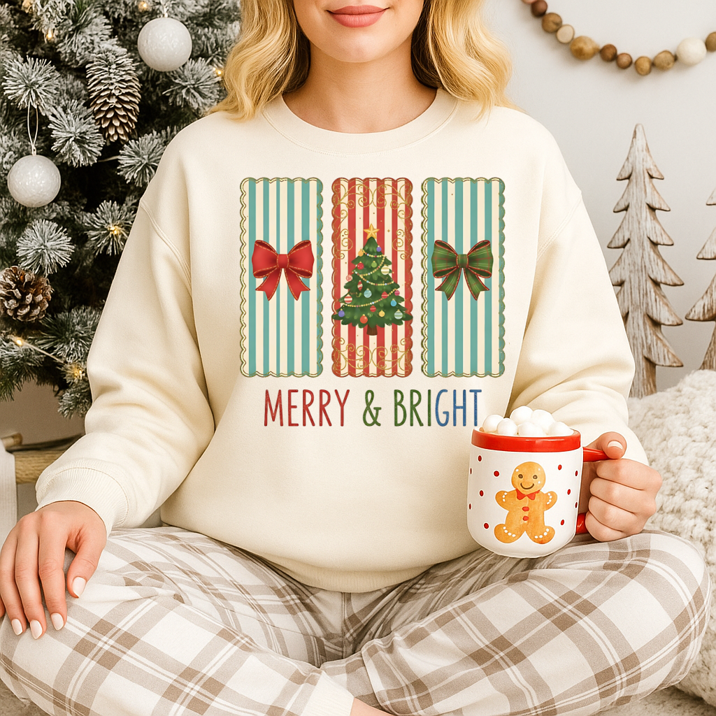 DTF Transfer – Retro Merry & Bright With Christmas Tree & Bows